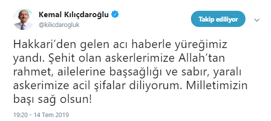 Kılıçdaroğlu'ndan Hakkari şehitleri için başsağlığı mesajı