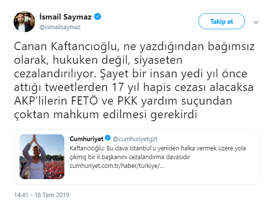 Saymaz: AKP&#039;lilerin FETÖ ve PKK yardım suçundan mahkum edilmesi gerekirdi