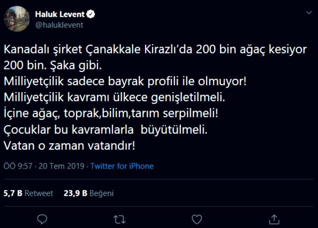 Haluk Levent, Çanakkale’deki ağaç katliamına tepki gösterdi