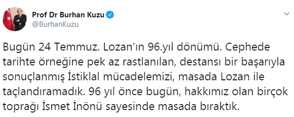 AKP’li Kuzu Lozan’ın yıl dönümünde İnönü’yü hedef aldı