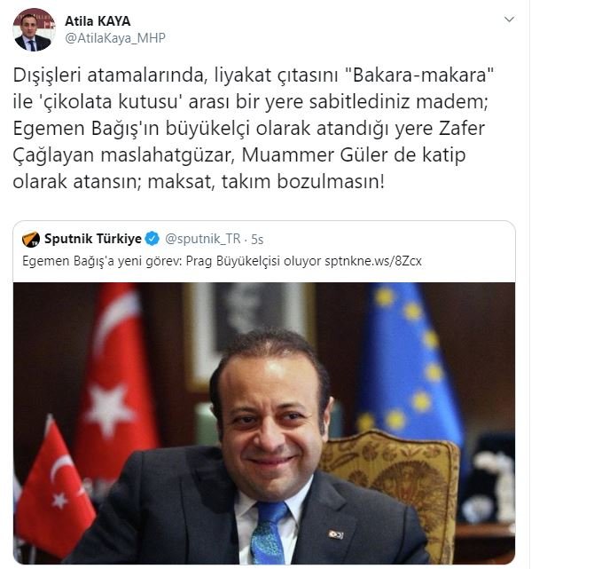 MHP&#039;li eski bakandan Egemen Bağış&#039;a verilen göreve tepki: Maksat takım bozulmasın