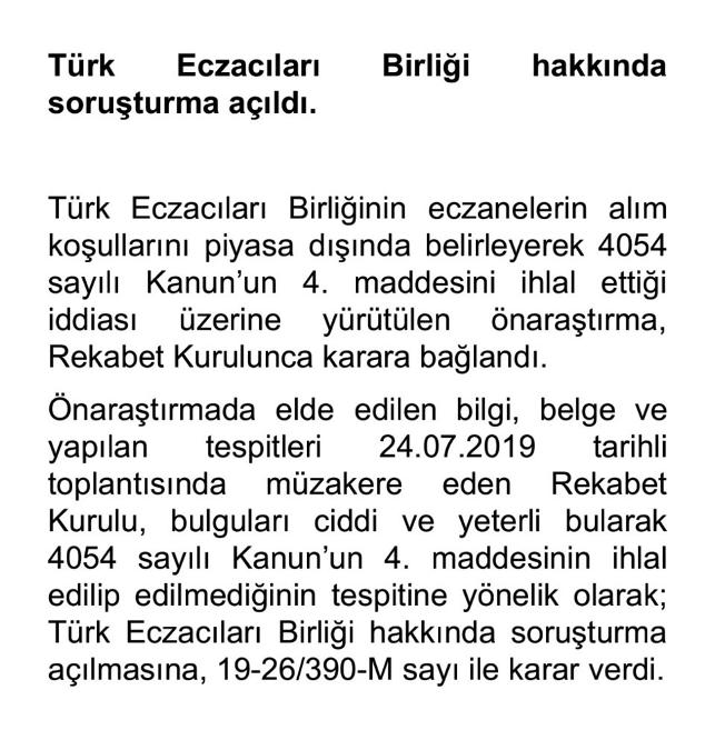 Türk Eczacıları Birliği’ne rekabet soruşturması