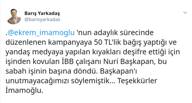 İmamoğlu&#039;na bağış yaptığı için işten çıkarılmıştı, İmamoğlu duruma el koydu