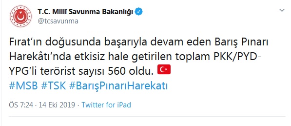 Barış Pınarı Harekatı&#039;nda etkisiz hale getirilen terörist sayısı 560&#039;a yükseldi