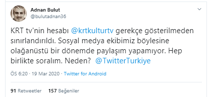 KRT TV&#039;nin Twitter hesabı sınırlandırıldı!