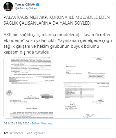 CHP&#039;li Özkan:AKP korona ile mücadele eden sağlık çalışanlarına da yalan söyledi