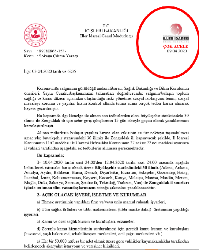 Sokağa çıkmayı yasağı genelgesinde dikkat çeken ayrıntı