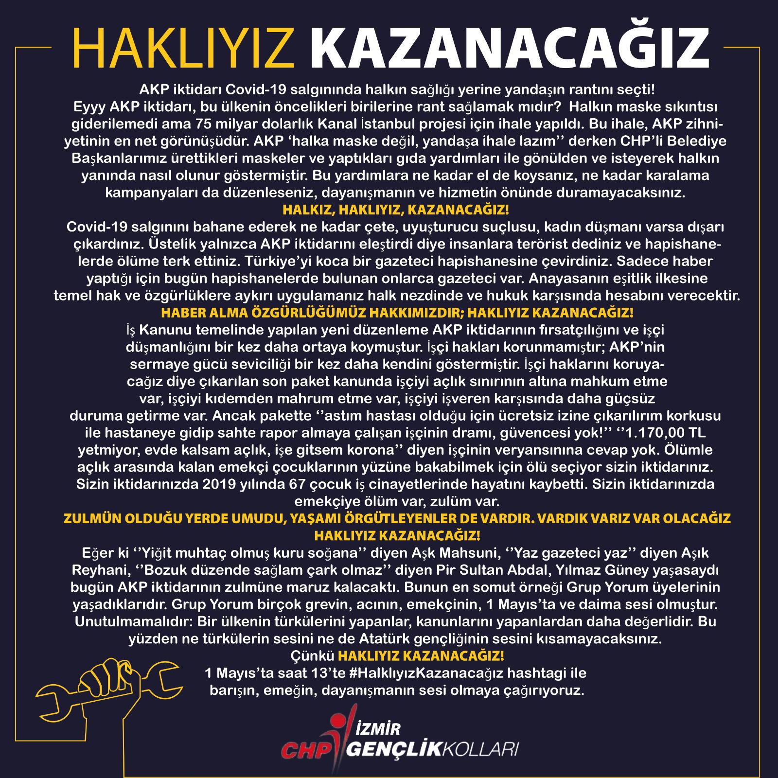 CHP&#039;li gençlerden iktidara sert eleştiri ve 1 Mayıs çağrısı