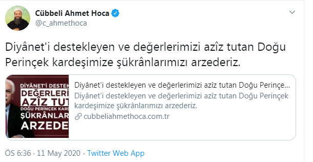 Cübbeli Ahmet&#039;ten Perinçek&#039;e teşekkür