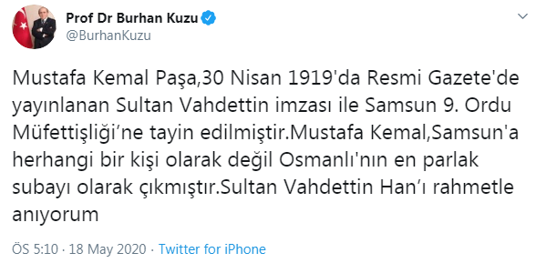 Burhan Kuzu, Atatürk yerine Sultan Vahdettin&#039;i andı