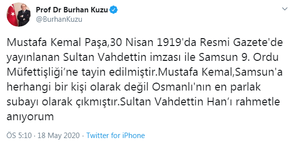 Burhan Kuzu, Atatürk yerine Sultan Vahdettin'i andı