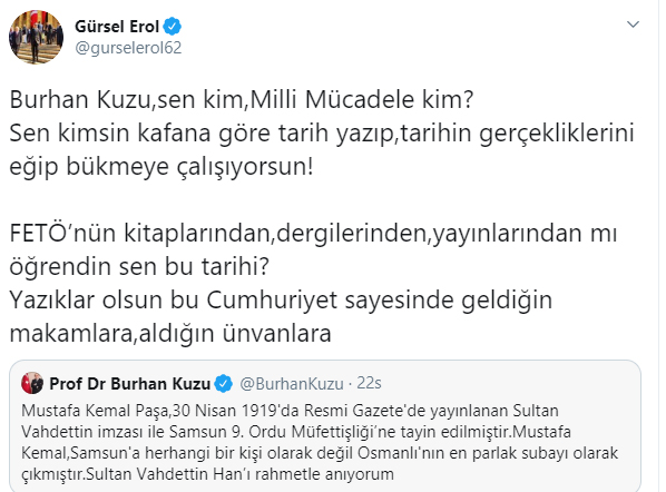 Vahdettin&#039;i anan Burhan Kuzu&#039;ya CHP&#039;li Gürsel Erol&#039;dan tepki