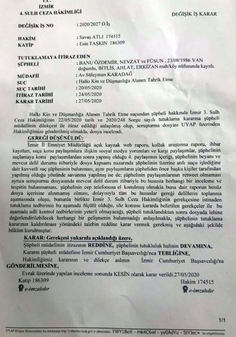 Banu Özdemir’in tutukluluğuna yapılan itiraz reddedildi