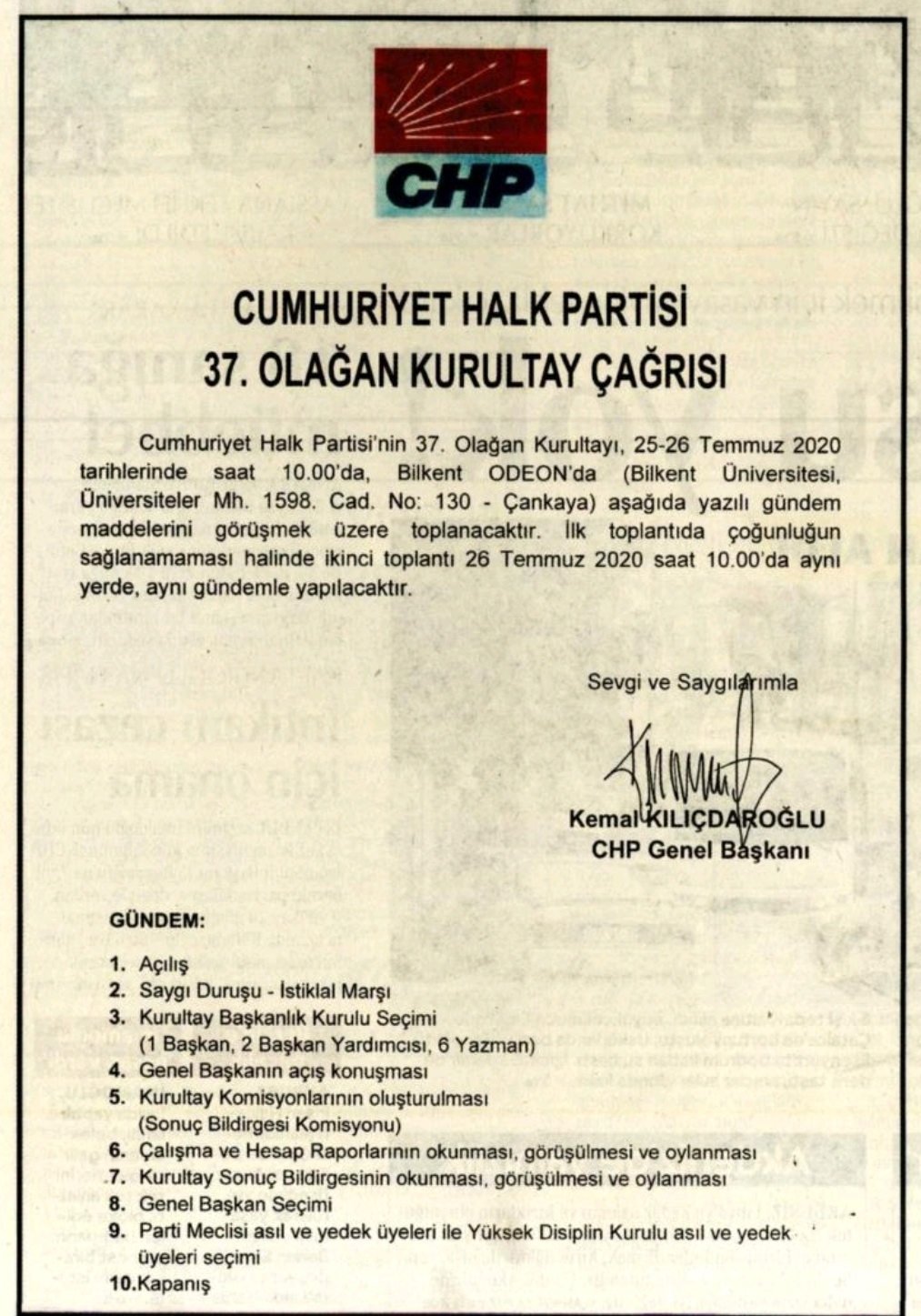 CHP&#039;de 37. Olağan Kurultay&#039;ın tarihi kesinleşti