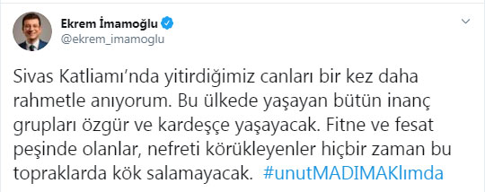 Ekrem İmamoğlu&#039;ndan Sivas Katliamı mesajı