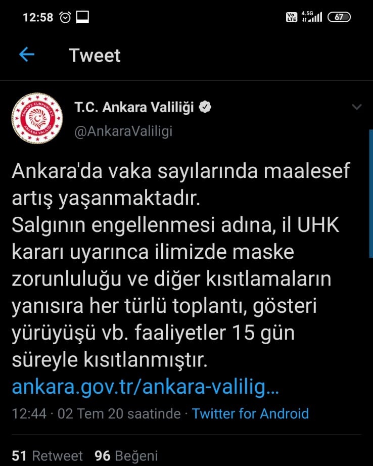 Ankara Valiliğinden 15 günlük gösteri ve yürüyüş yasağı