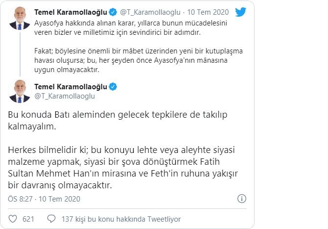 Karamollaoğlu&#039;dan AKP&#039;ye sert Ayasofya çıkışı