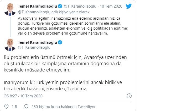 Karamollaoğlu&#039;dan AKP&#039;ye sert Ayasofya çıkışı