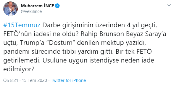 İnce&#039;den Erdoğan&#039;a: 4 yıl geçti, FETÖ’nün iadesi ne oldu?