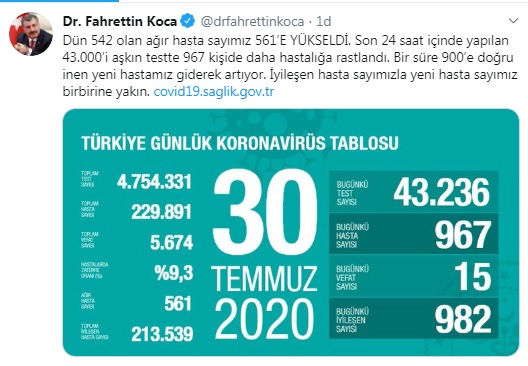 Türkiye'de koronavirüsten hayatını kaybedenlerin sayısı 15