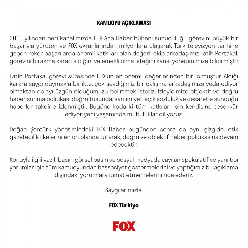 Fox TV&#039;den ve Fatih Portakal&#039;dan açıklama