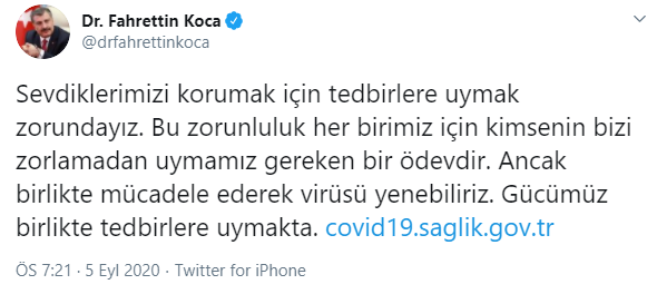 Türkiye&#039;de 5 Eylül günü koronavirüs nedeniyle 56 kişi vefat etti