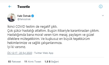 Faik Öztrak: Çok şükür hastalığı atlattım