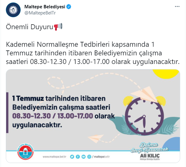 maltepe belediyesi nin calisma saatleri degisti