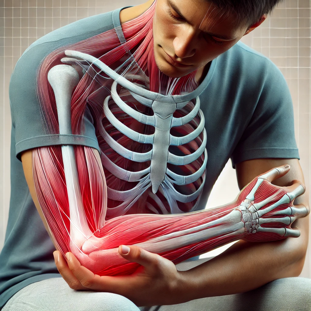 dalle-2024-12-03-16-23-24-a-medical-illustration-of-a-person-experiencing-arm-pain-focusing-on-the-left-arm-with-an-overlay-showing-muscle-and-joint-areas-in-red-to-indicate.webp