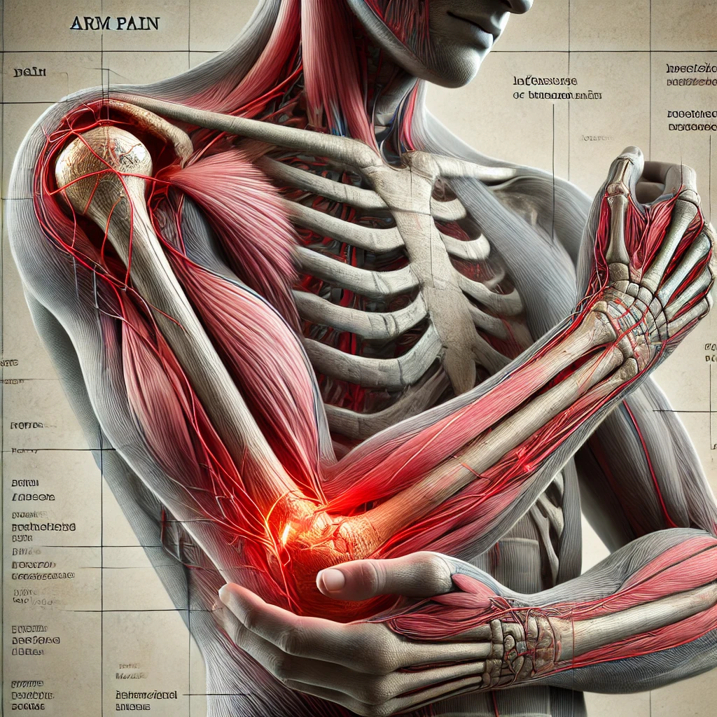 dalle-2024-12-03-16-23-44-a-detailed-medical-illustration-showing-arm-pain-focusing-on-a-human-arm-with-areas-of-pain-highlighted-in-red-around-the-muscles-and-joints-the-ill.webp